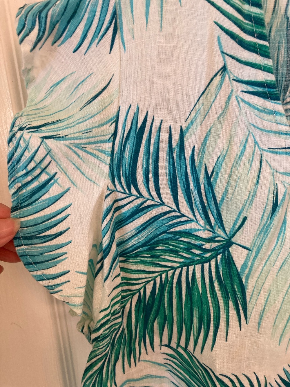 Tahari White Linen Dress with Teal and Green Palm Print - Picture 3 of 6